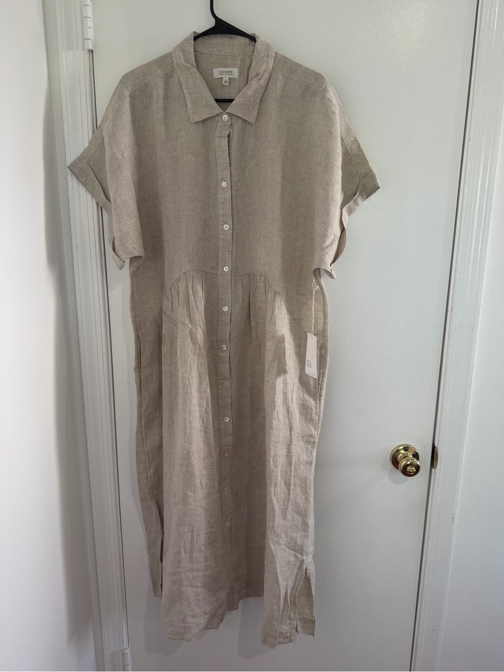 Haven Linen Button Front Midi Shirt Dress XL Neutral Minimalist Coastal Grandma